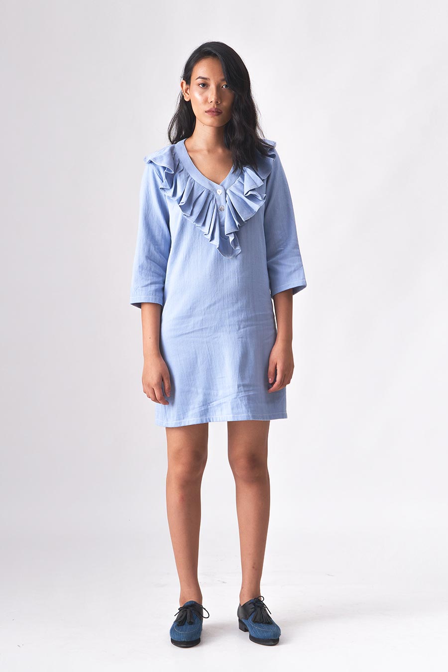 FIONA - Khadi Denim Blue Ruffle Dress