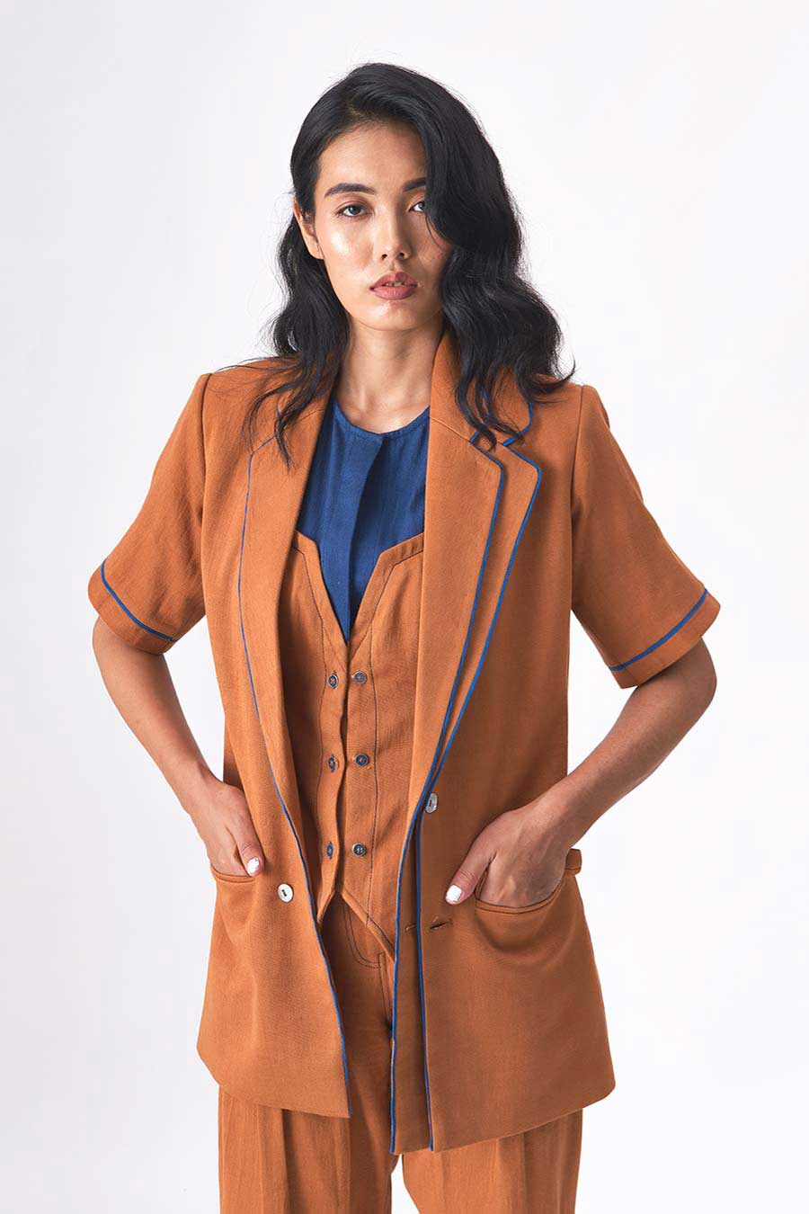 THEA - Brown Handloom Denim Blazer
