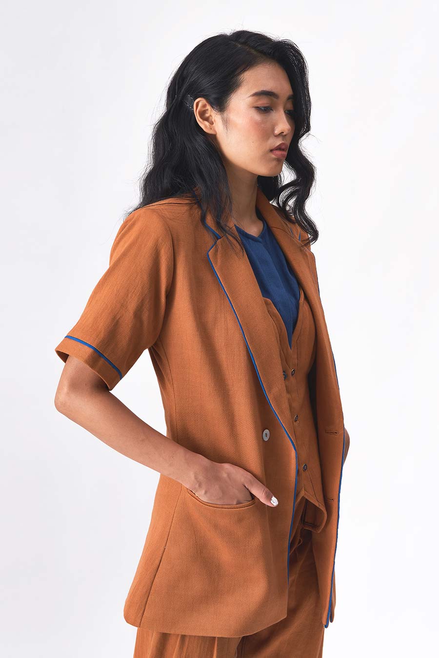 THEA - Brown Handloom Denim Blazer