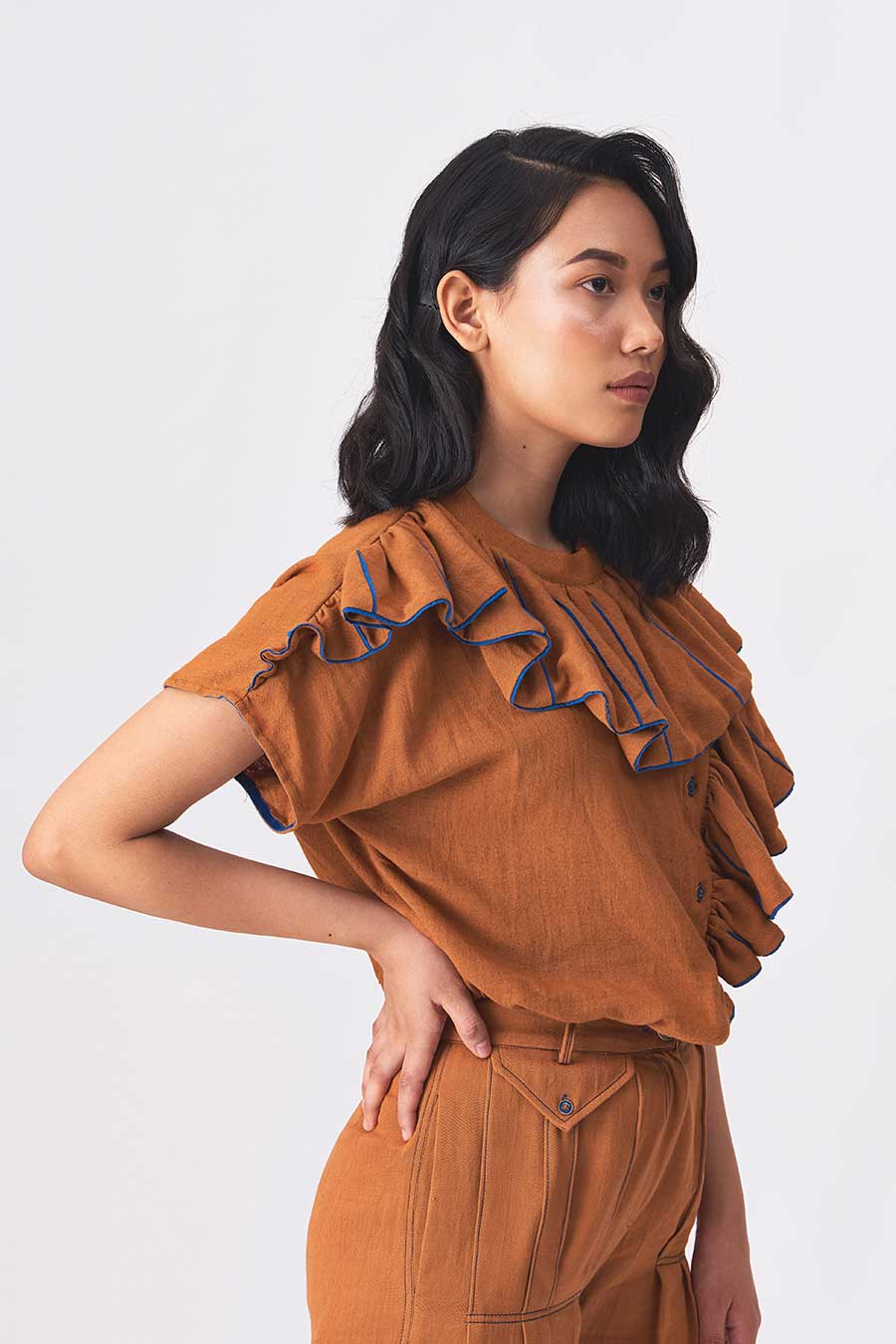 DOROTHY - Brown Ruffled Shirt Top