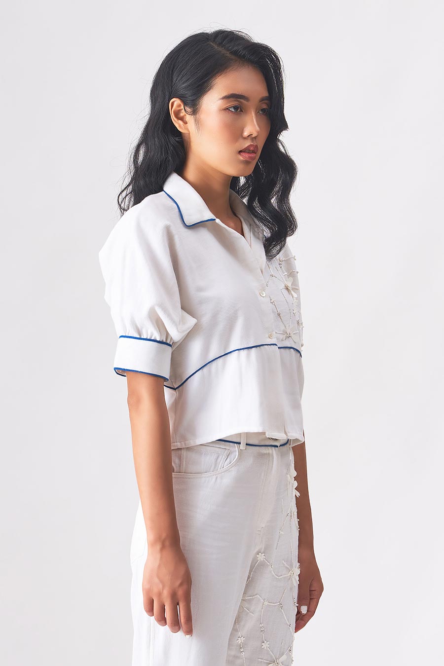 LUNA - Handloom Denim White Crop Shirt