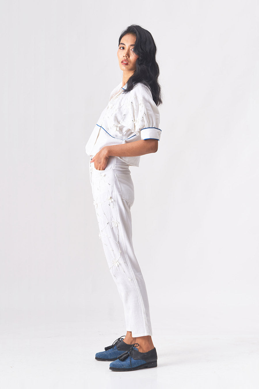TATUM - 3D Embroidered White Denim Pants