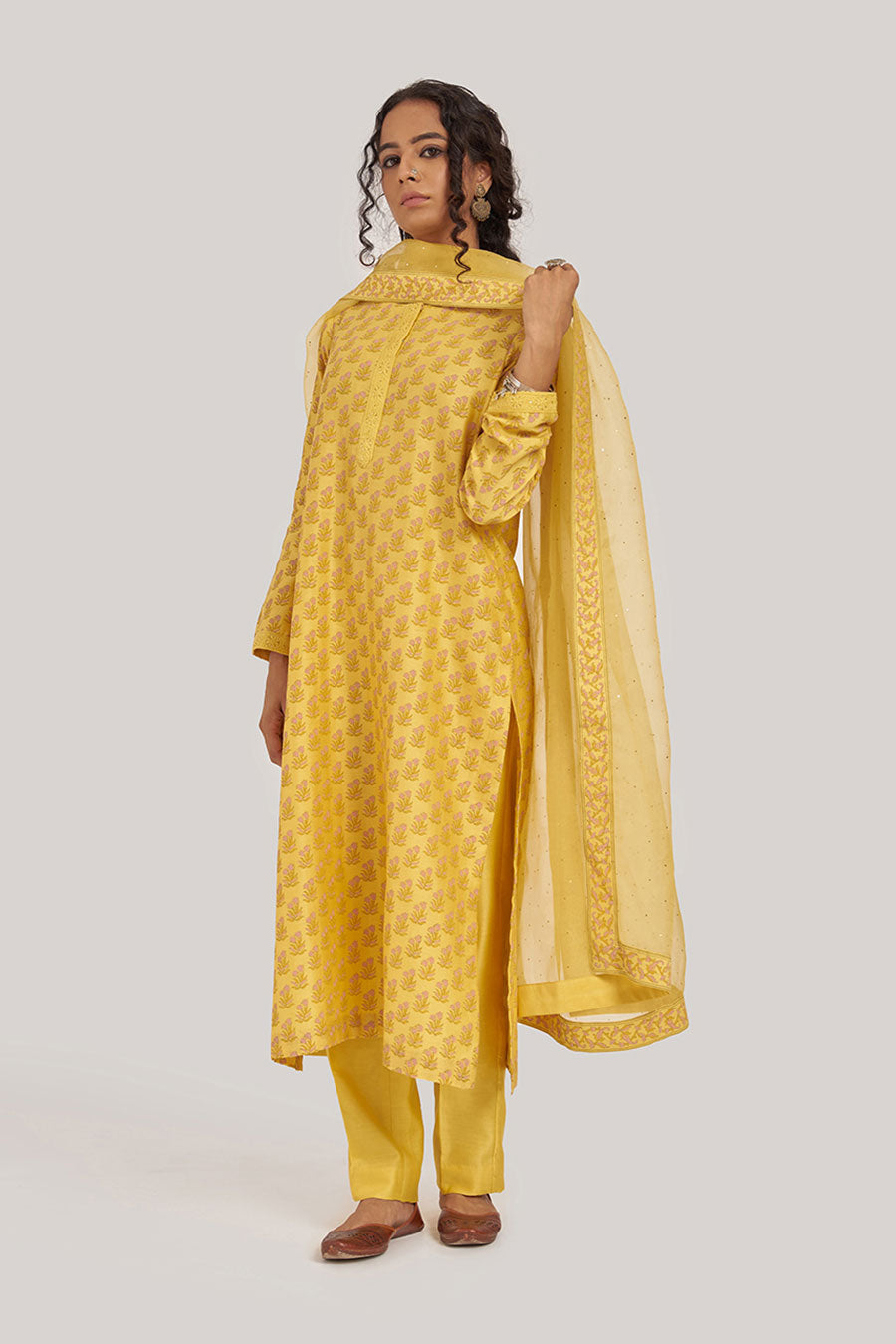 Yellow Printed Silk Chikankari Kurta Set