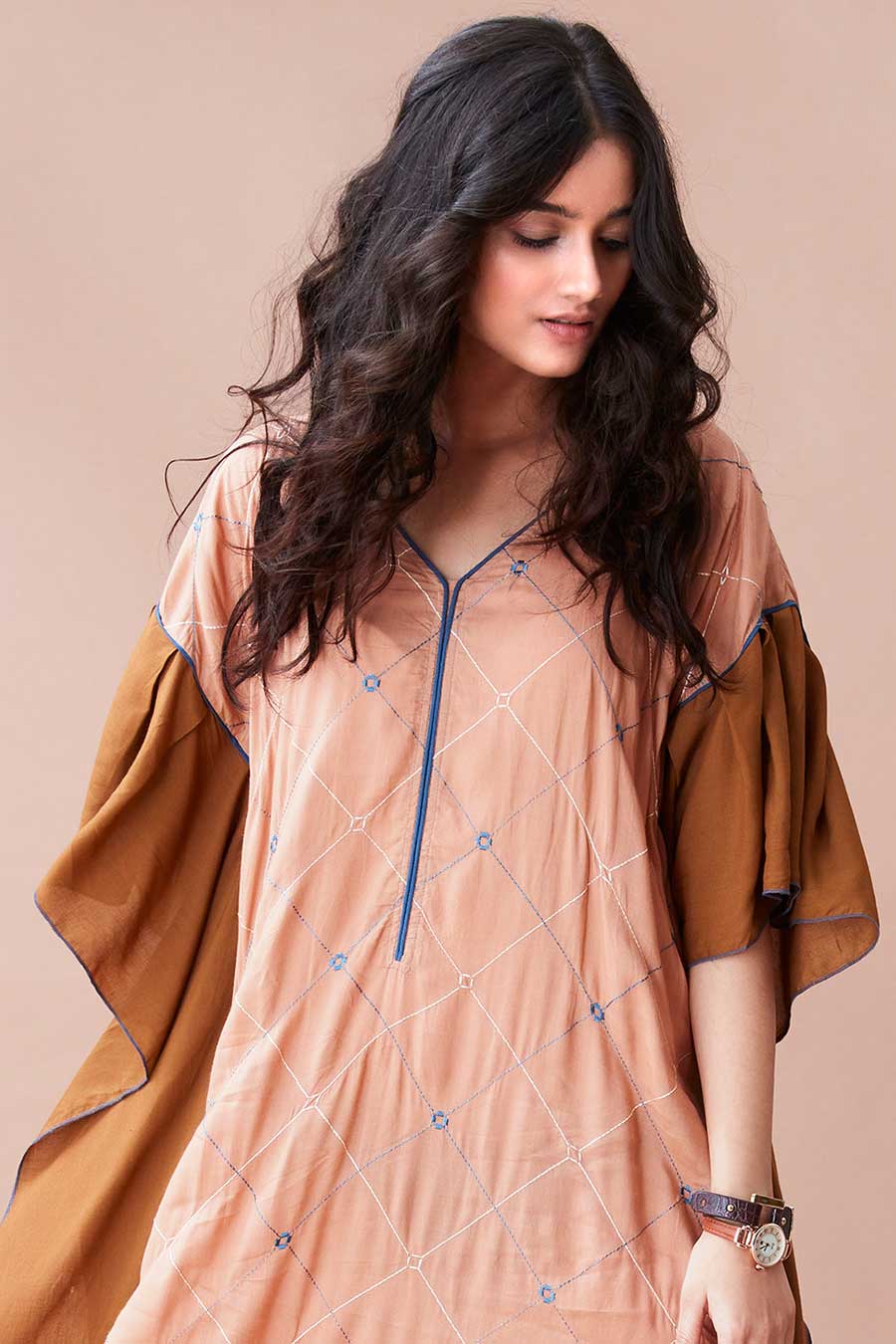 Tavish Nude Printed Kaftan Dress