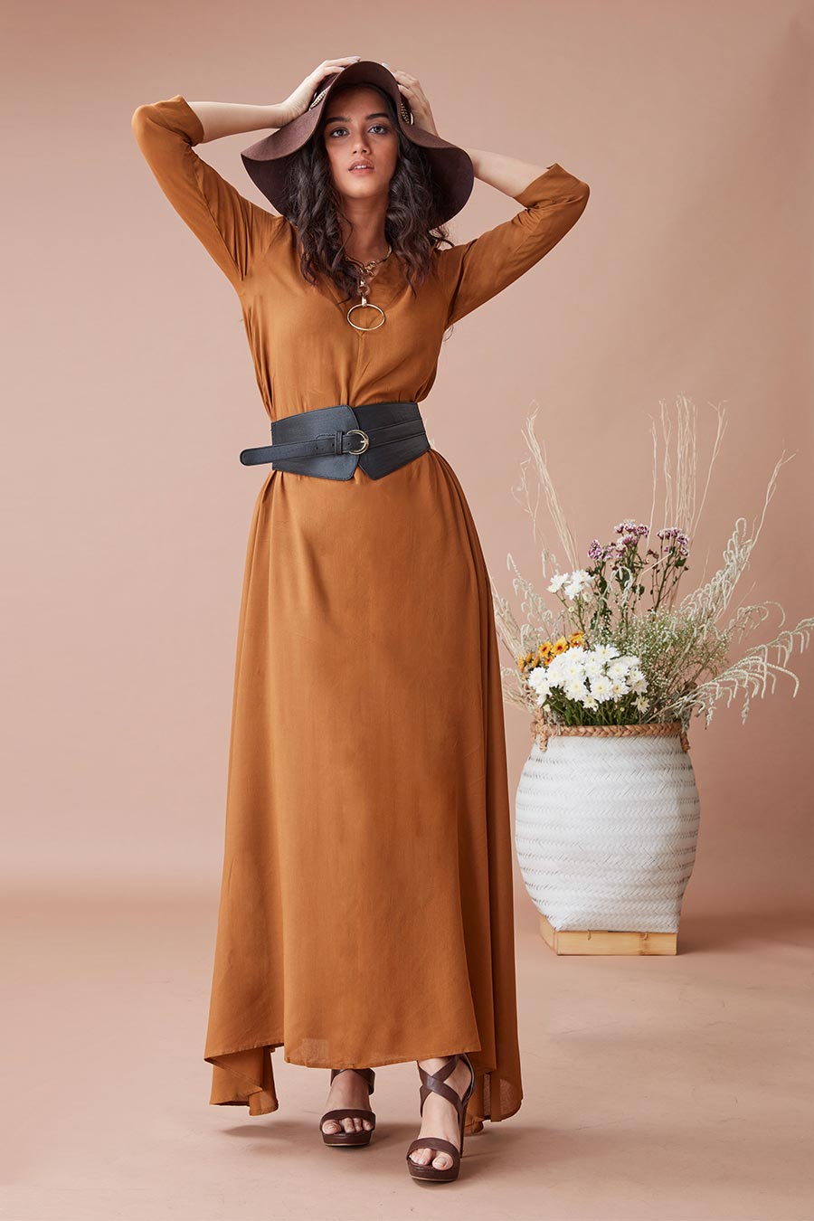 Pradhi Teak A-Line Dress with Belt