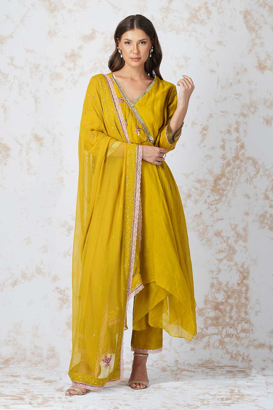 Beaded Flower Mustard Anarkali Set