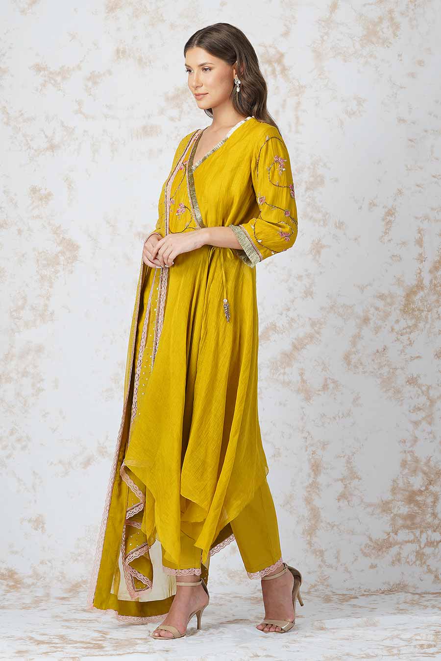 Beaded Flower Mustard Anarkali Set