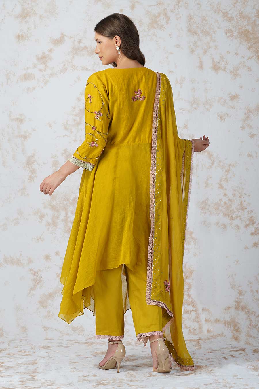 Beaded Flower Mustard Anarkali Set