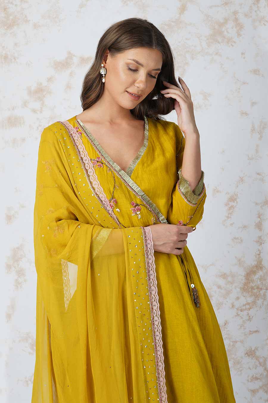 Beaded Flower Mustard Anarkali Set