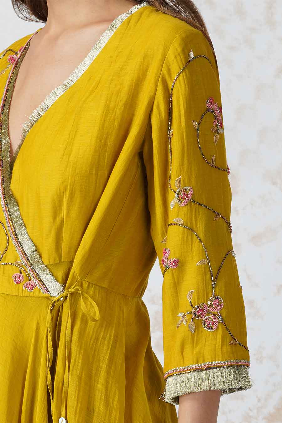 Beaded Flower Mustard Anarkali Set