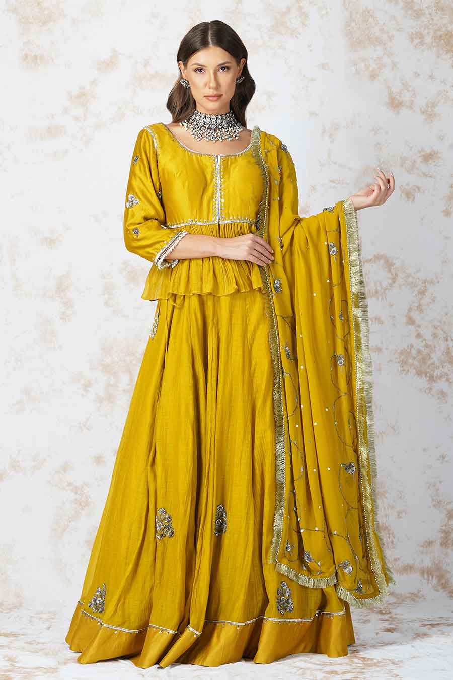 Antique Work Mustard Lehenga Set