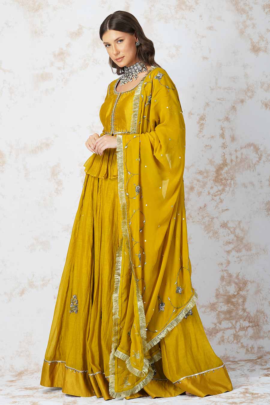 Antique Work Mustard Lehenga Set