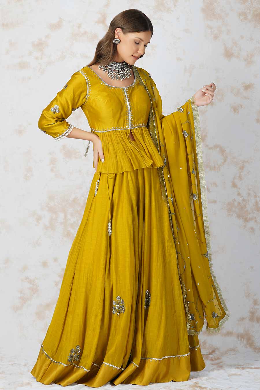 Antique Work Mustard Lehenga Set