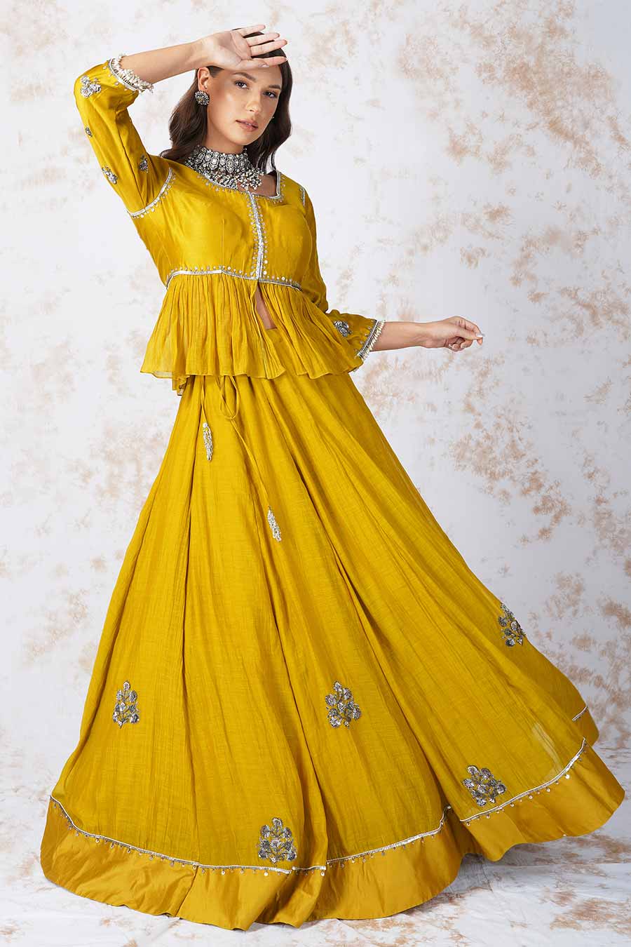 Antique Work Mustard Lehenga Set