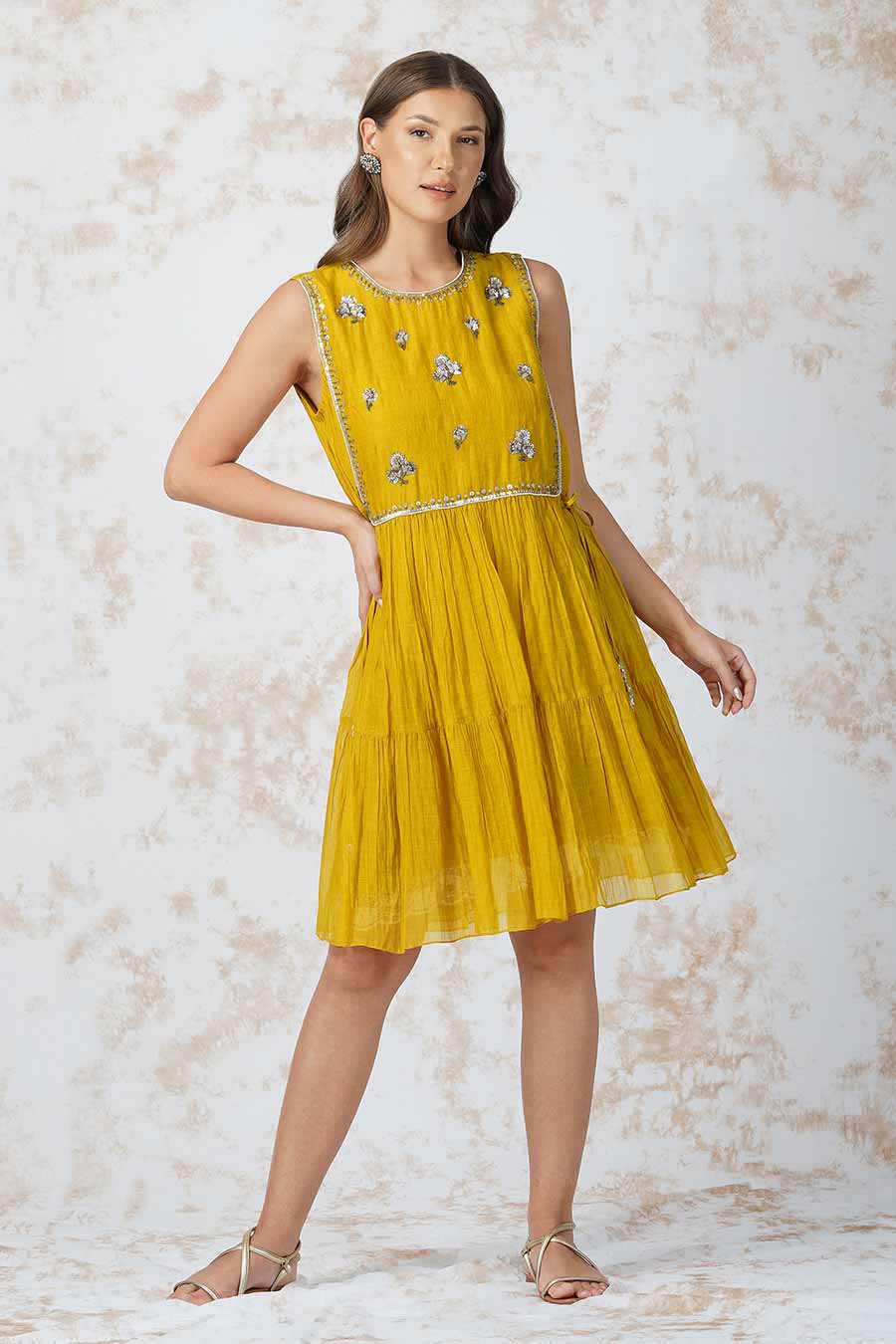 Antique Work Mustard Tiered Dress