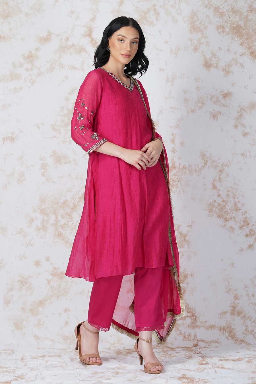 Antique Work Rani Pink Kurta Set