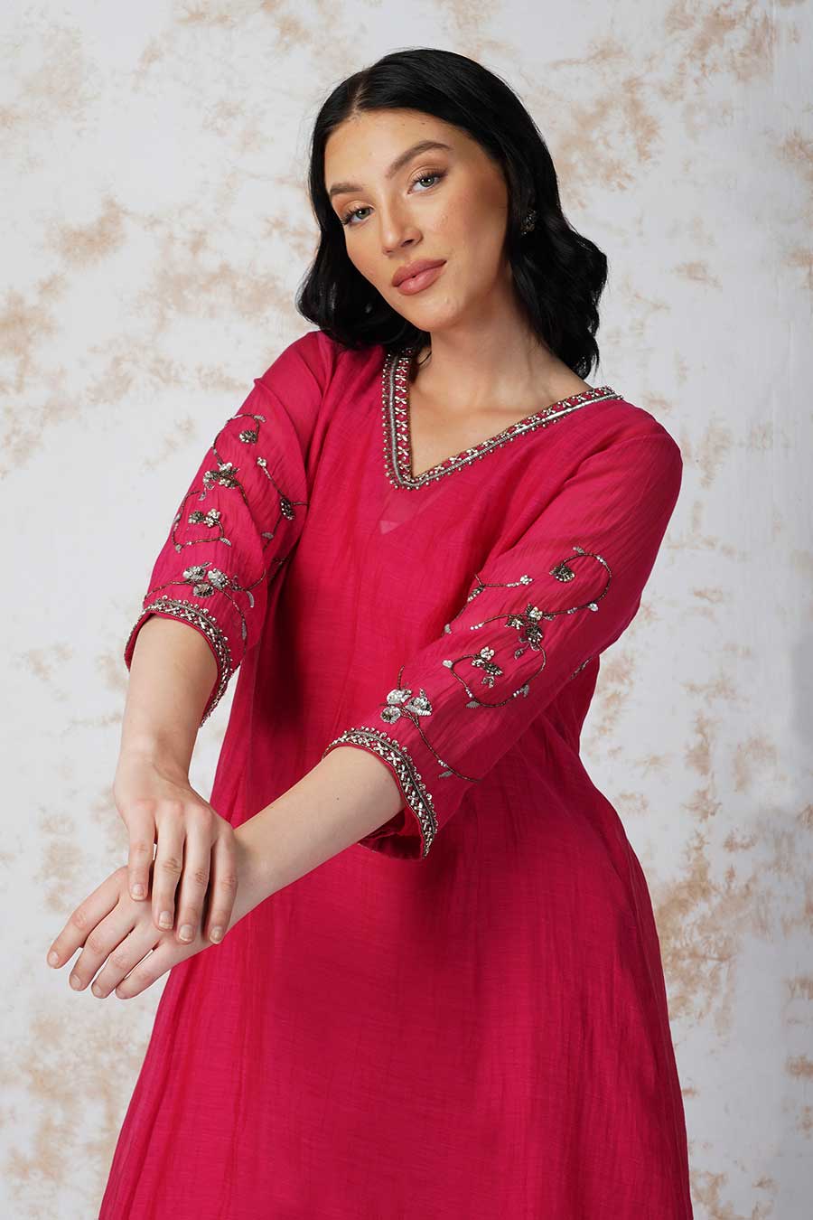 Antique Work Rani Pink Kurta Set