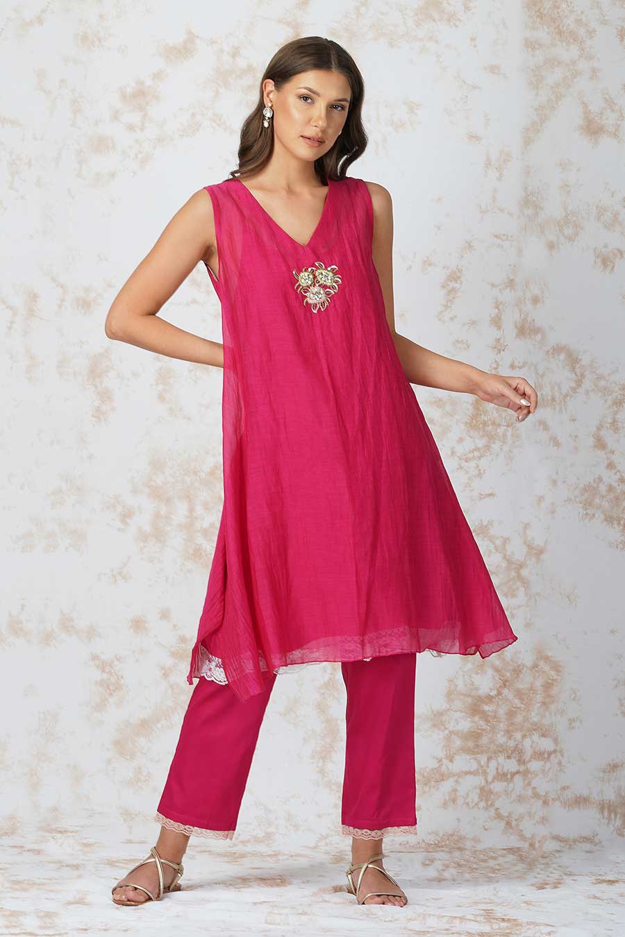 Baroque Flower Asymmetric Pink Tunic Set