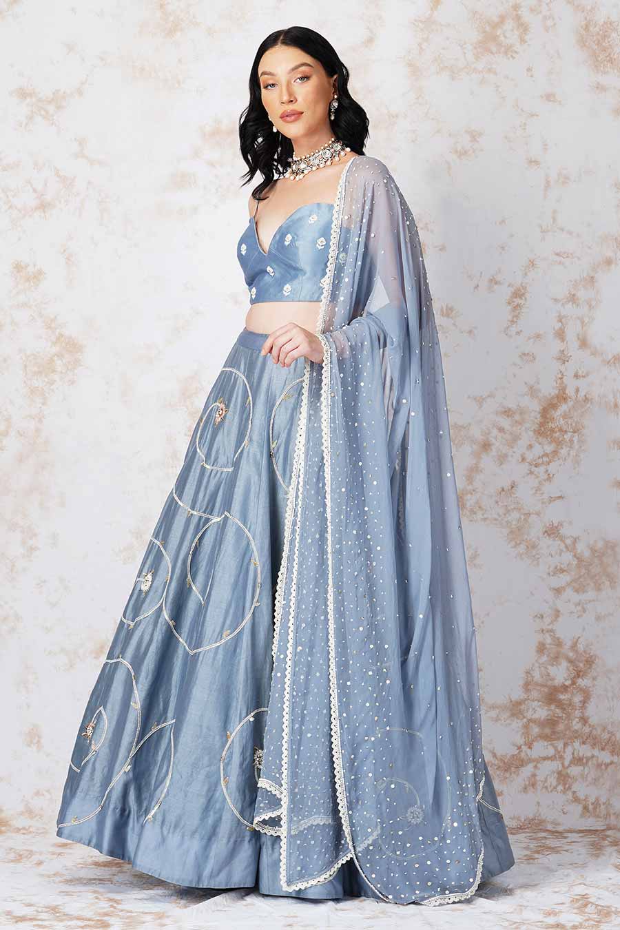 Baroque Flower Pigeon Blue Lehenga Set