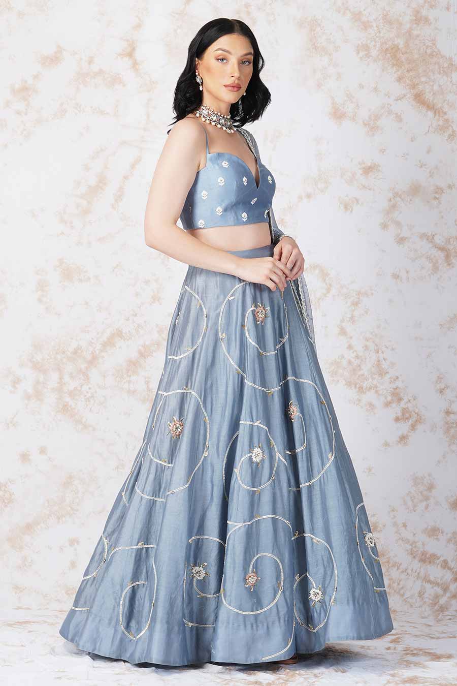 Baroque Flower Pigeon Blue Lehenga Set