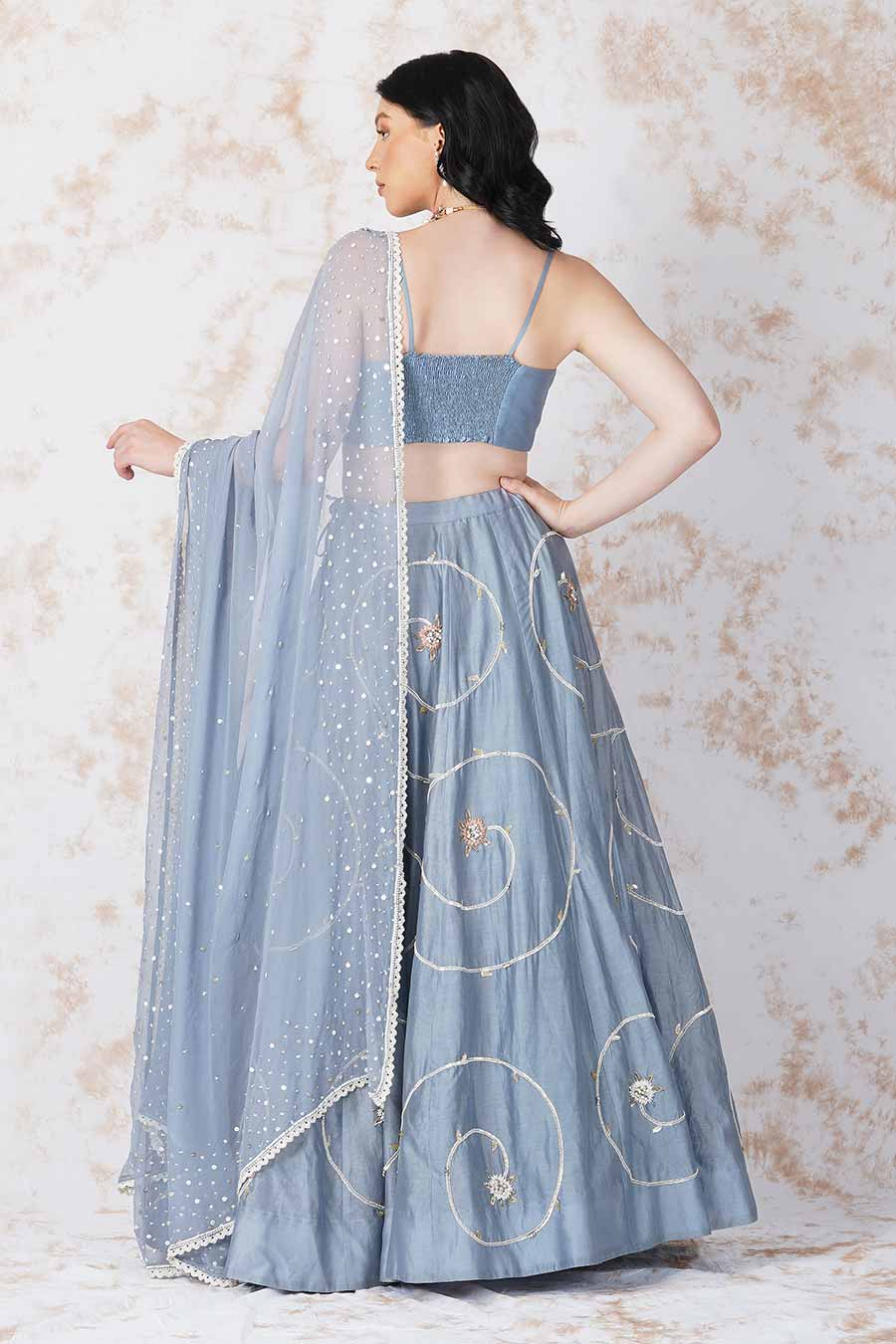 Baroque Flower Pigeon Blue Lehenga Set
