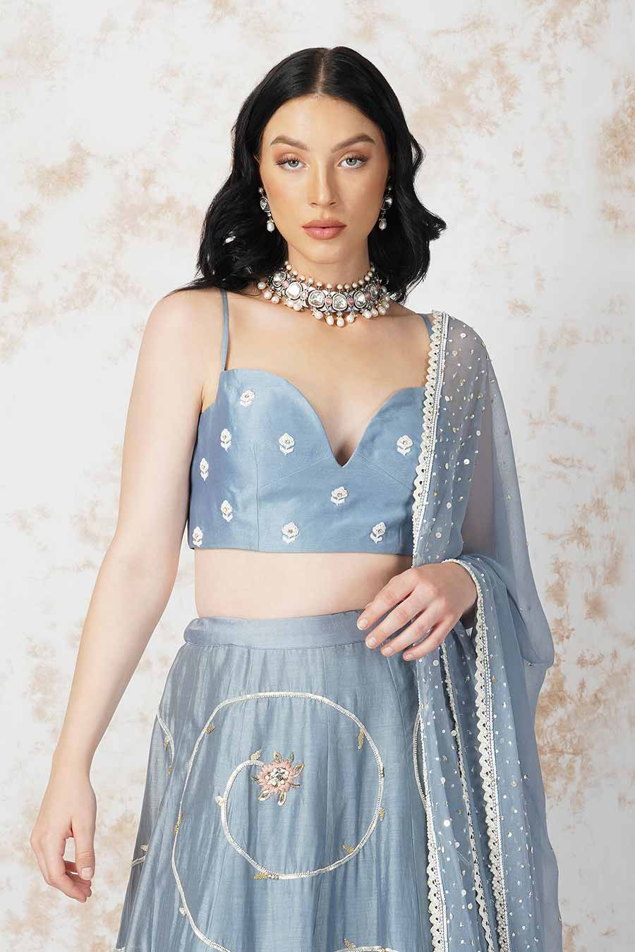 Baroque Flower Pigeon Blue Lehenga Set