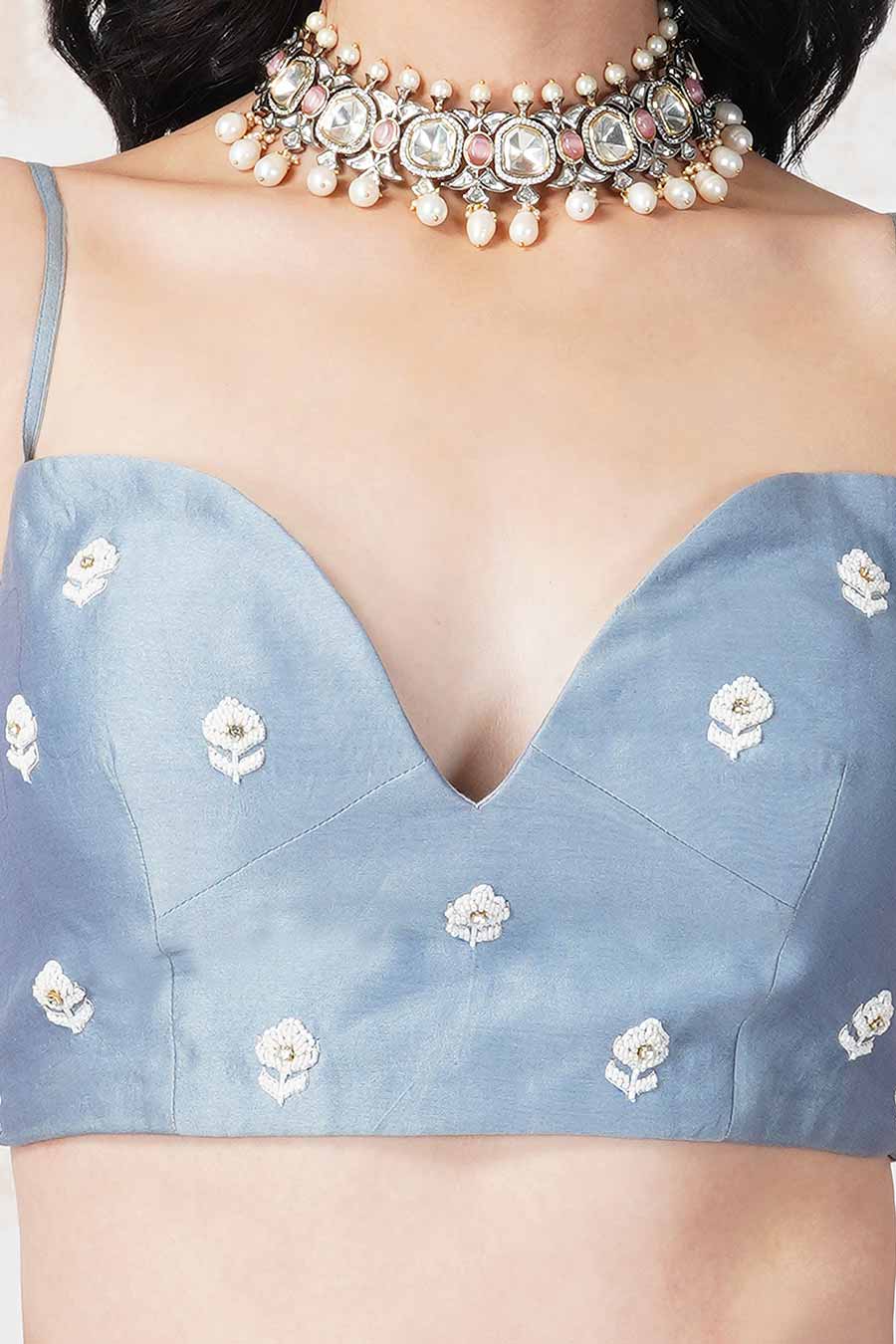 Baroque Flower Pigeon Blue Lehenga Set
