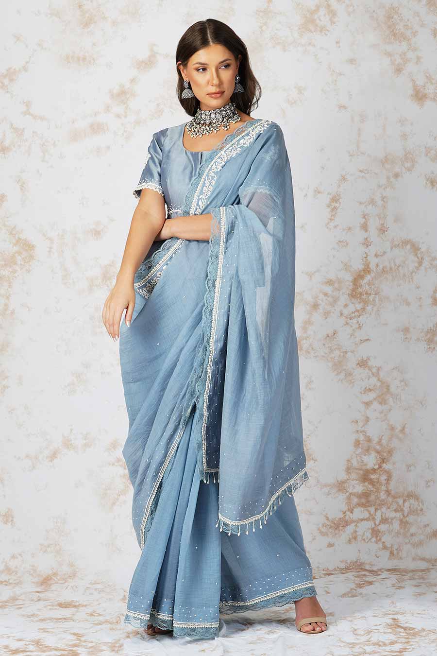 Baroque Work Pigeon Blue Saree Set