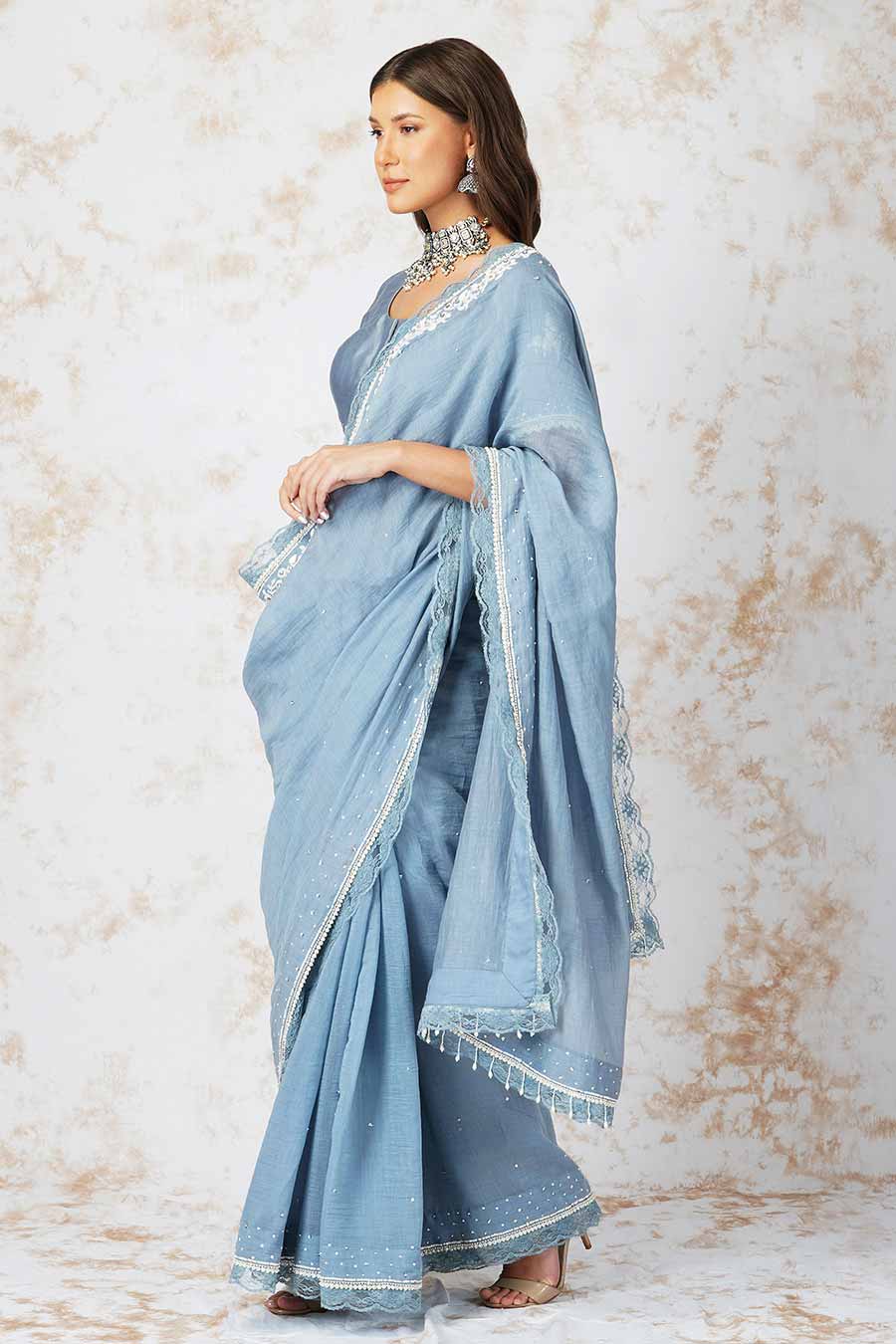 Baroque Work Pigeon Blue Saree Set