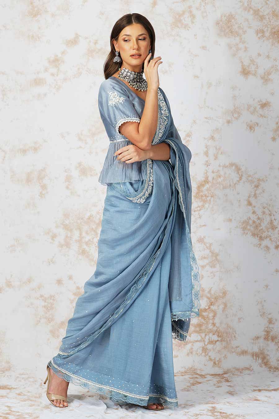 Baroque Work Pigeon Blue Saree Set