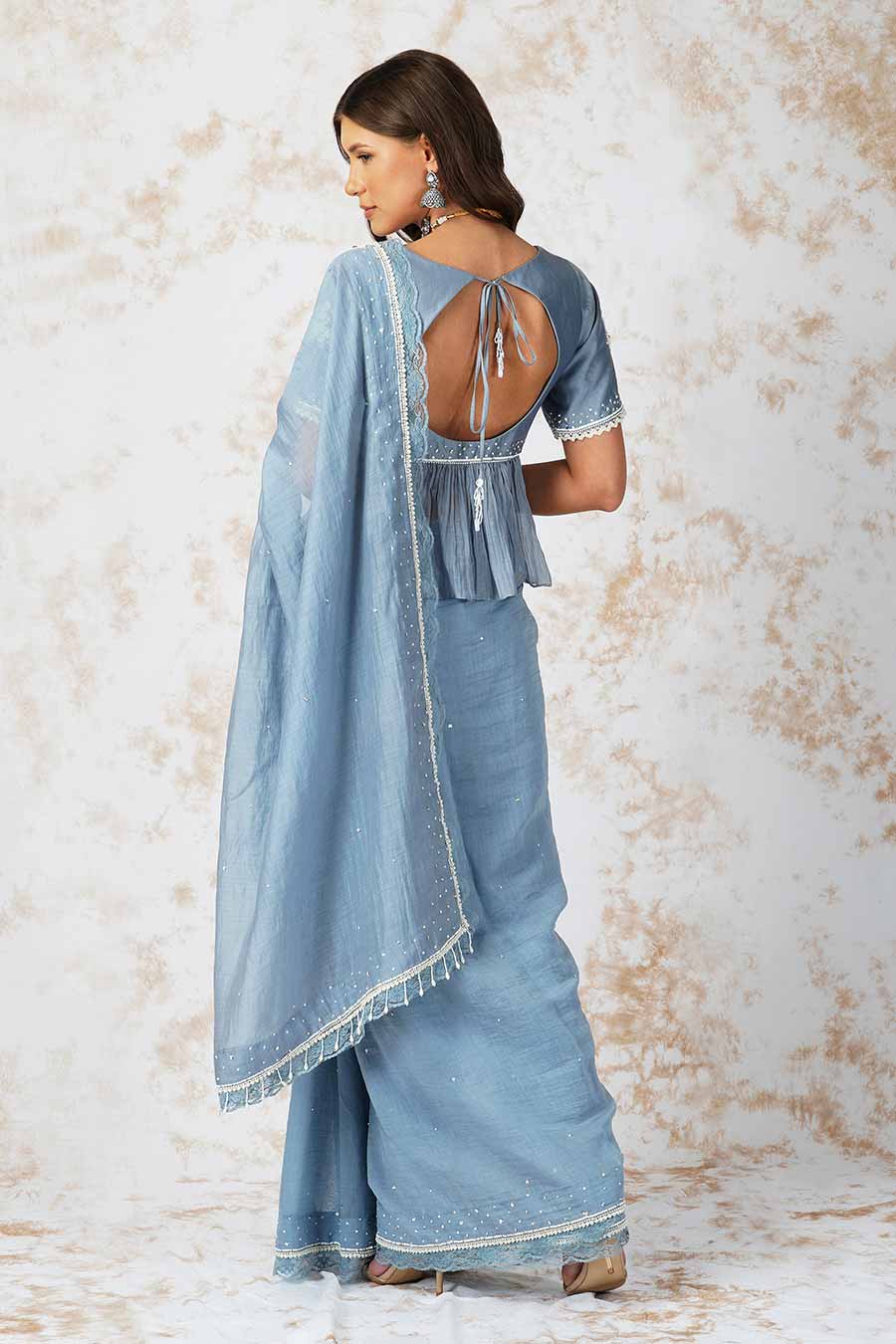 Baroque Work Pigeon Blue Saree Set