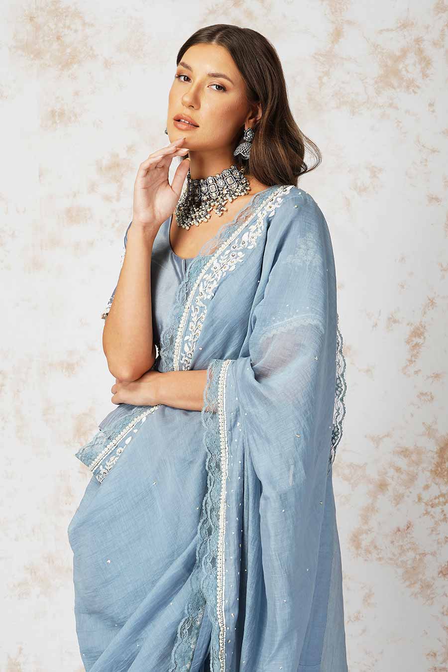 Baroque Work Pigeon Blue Saree Set