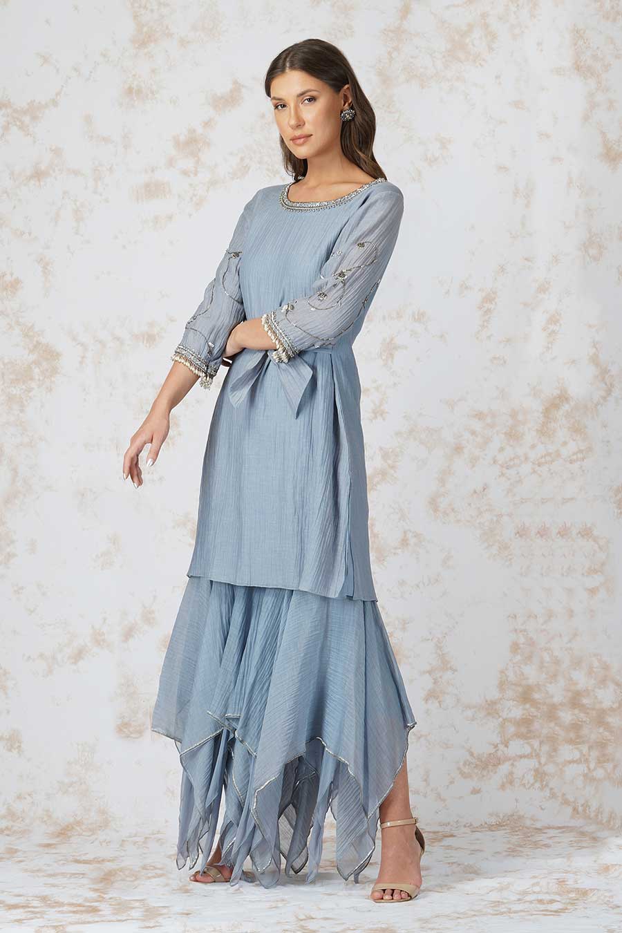 Antique Work Pigeon Blue Gharara Set