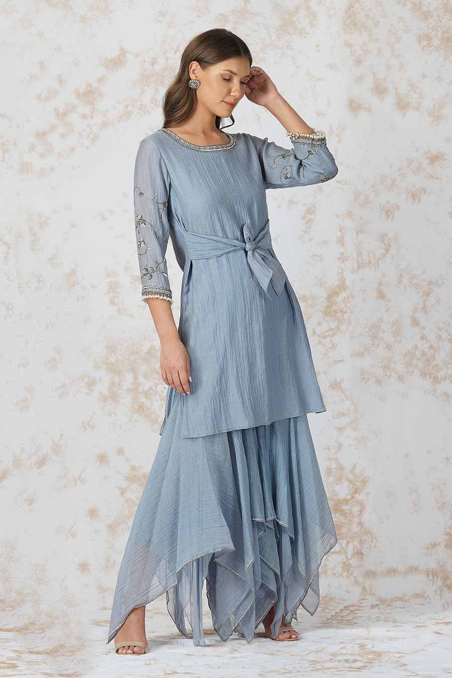 Antique Work Pigeon Blue Gharara Set