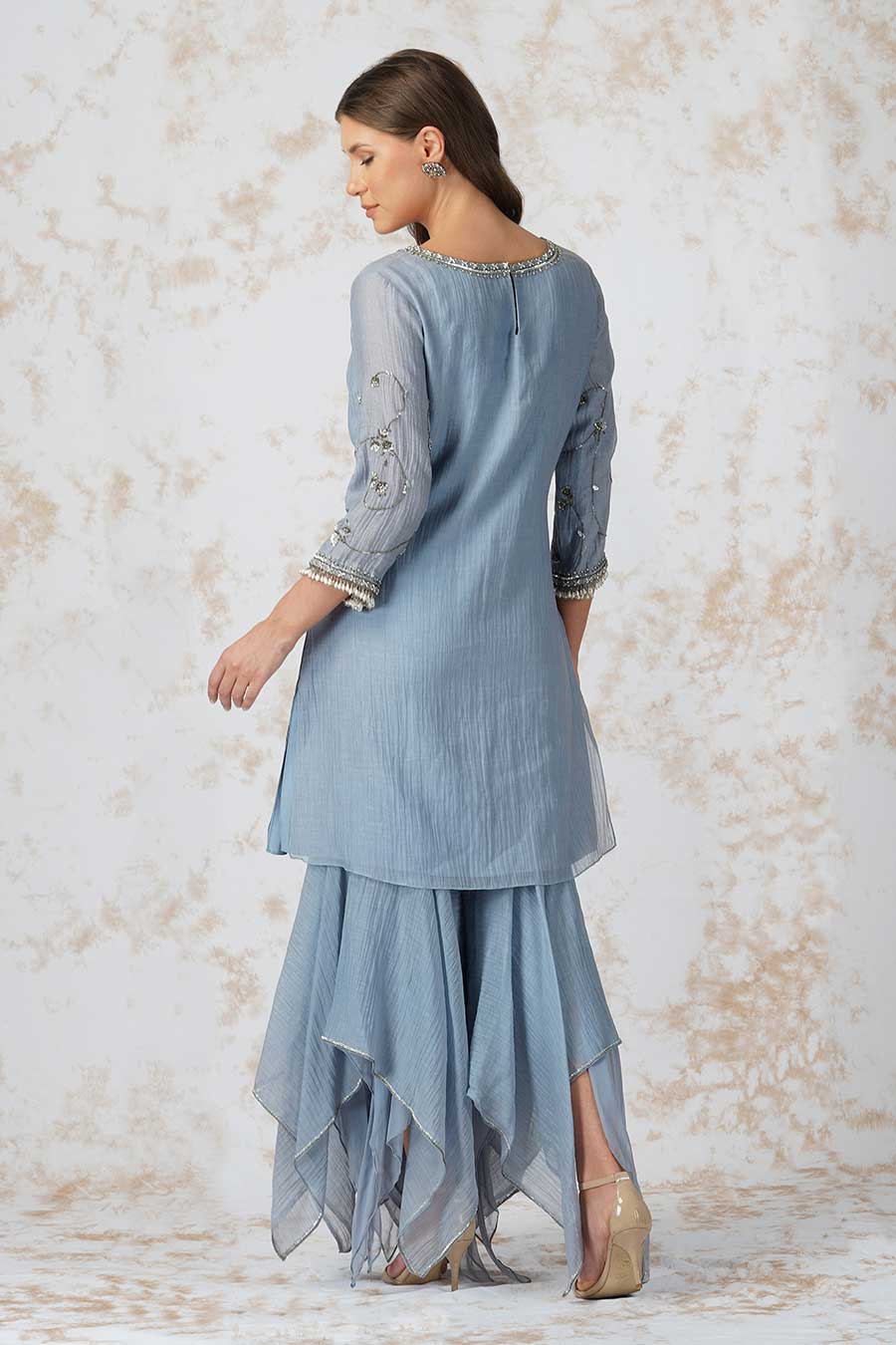 Antique Work Pigeon Blue Gharara Set