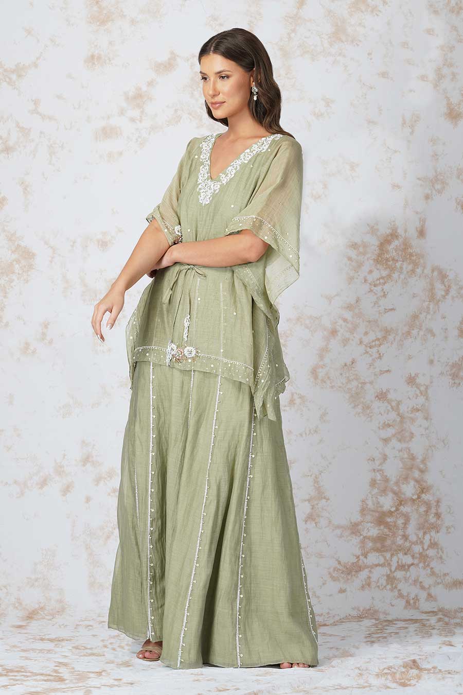 Baroque Flower Green Kaftan & Sharara Set
