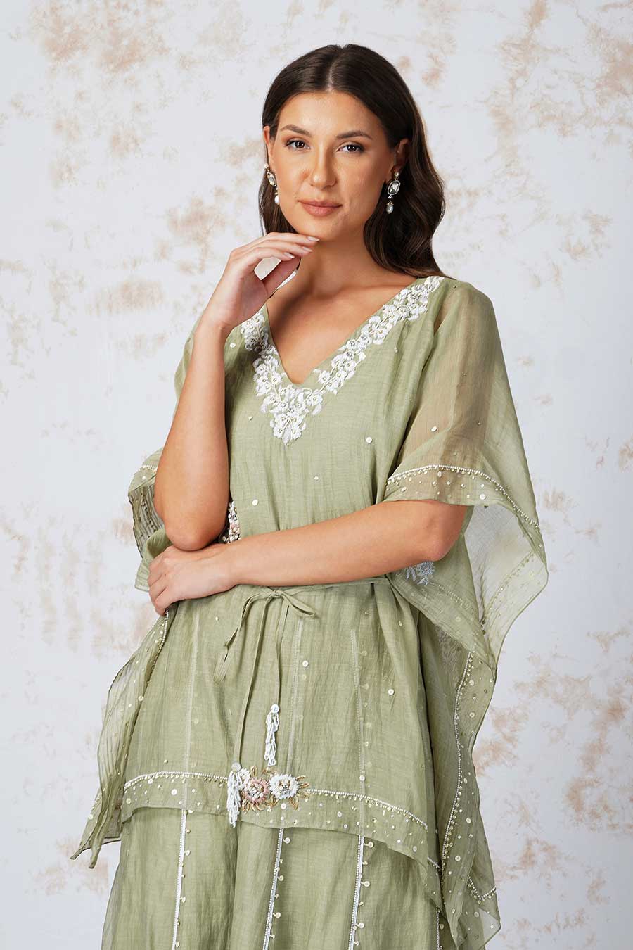 Baroque Flower Green Kaftan & Sharara Set