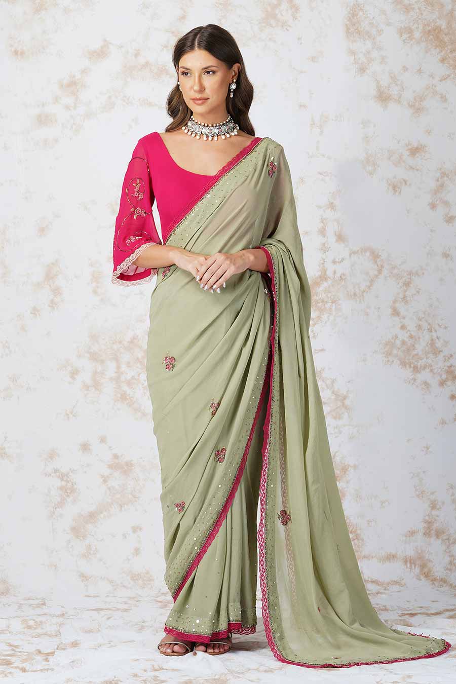 Beaded Green Saree & Pink Unstitched Blouse Set
