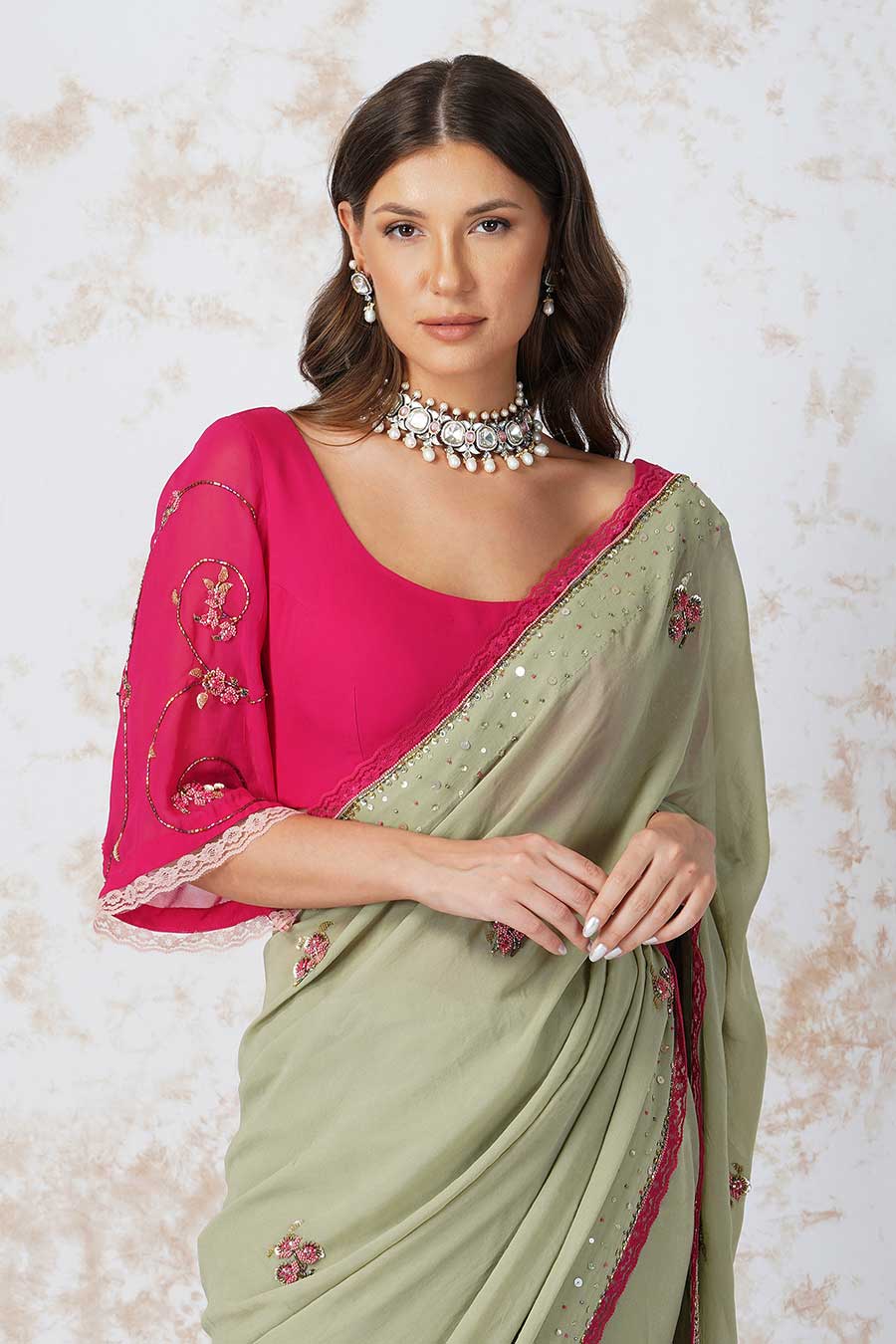 Beaded Green Saree & Pink Unstitched Blouse Set