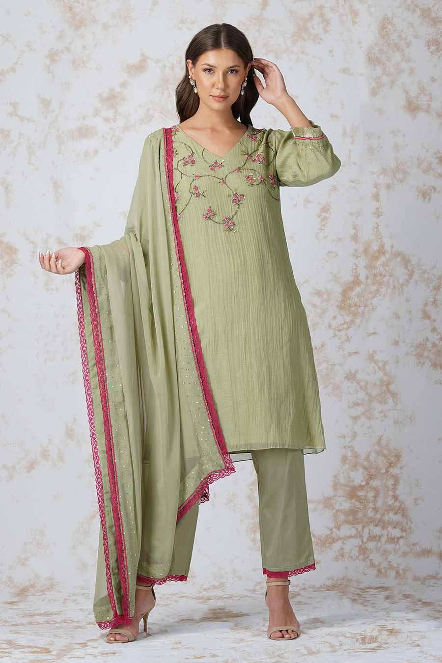 Beaded Flower Green Kurta Set