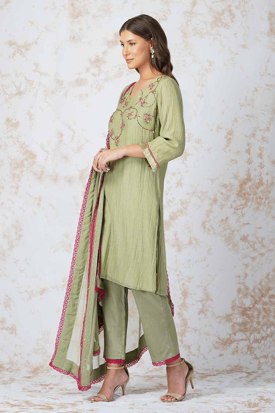 Beaded Flower Green Kurta Set