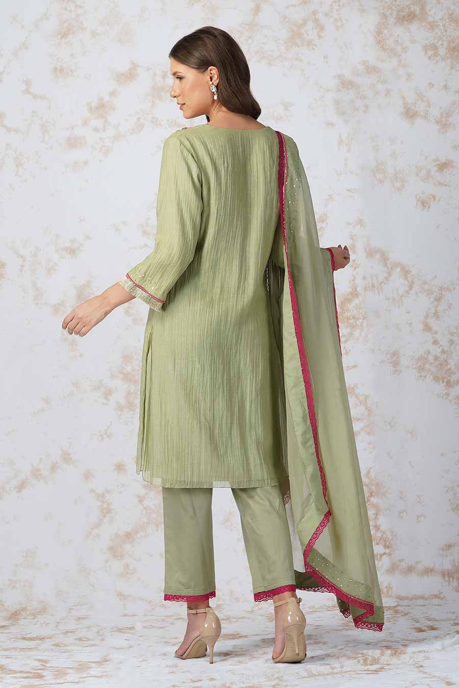 Beaded Flower Green Kurta Set