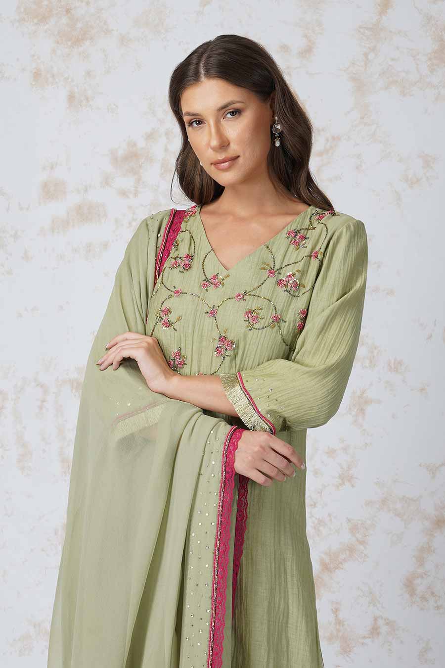 Beaded Flower Green Kurta Set