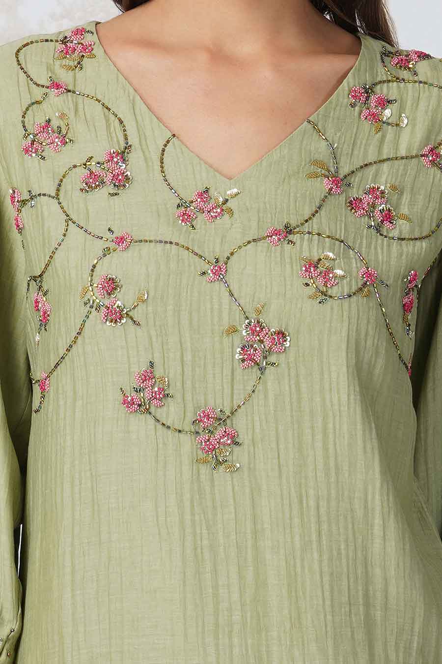 Beaded Flower Green Kurta Set