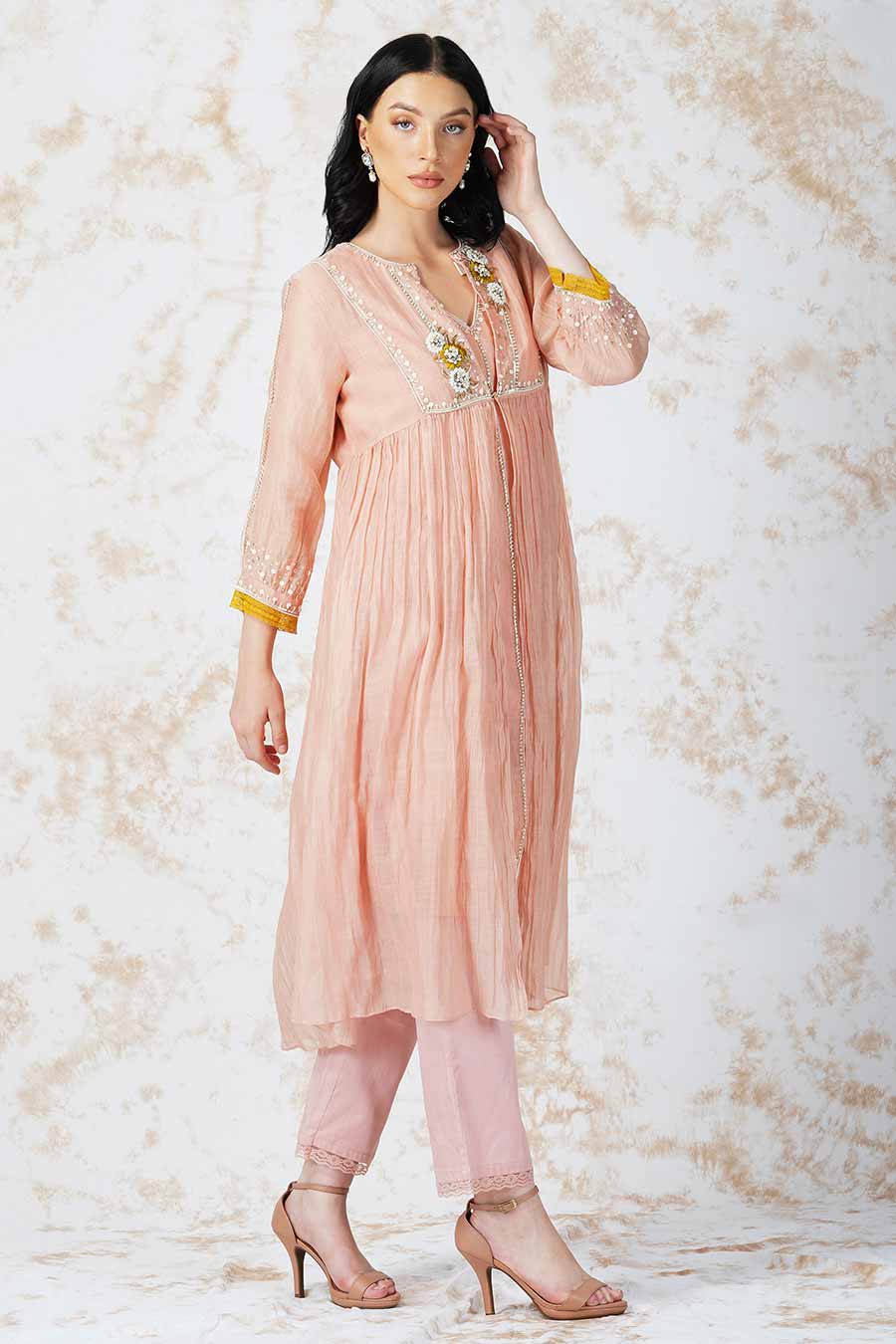 Baroque Flower Pink Kurta Set With Jacket