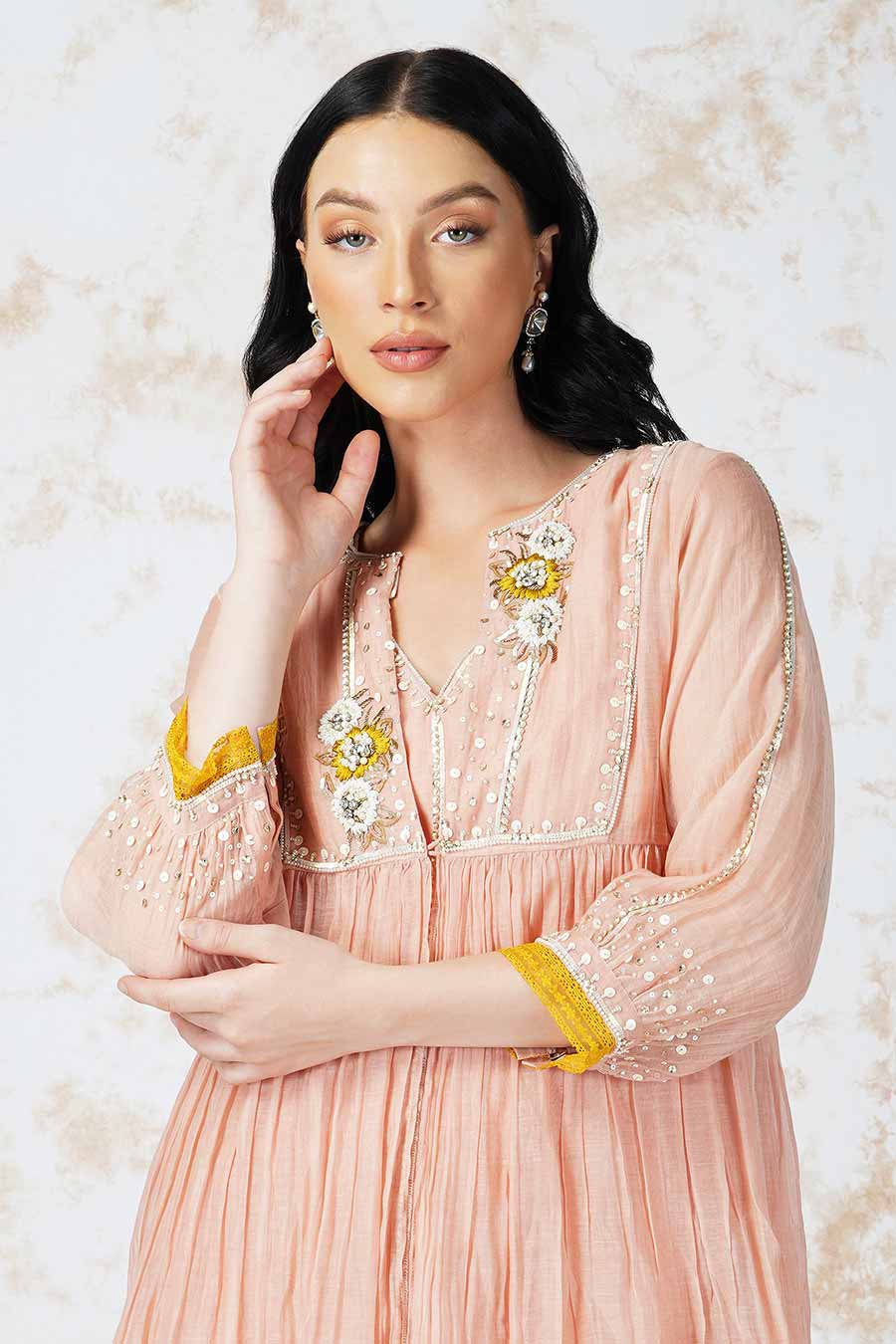 Baroque Flower Pink Kurta Set With Jacket