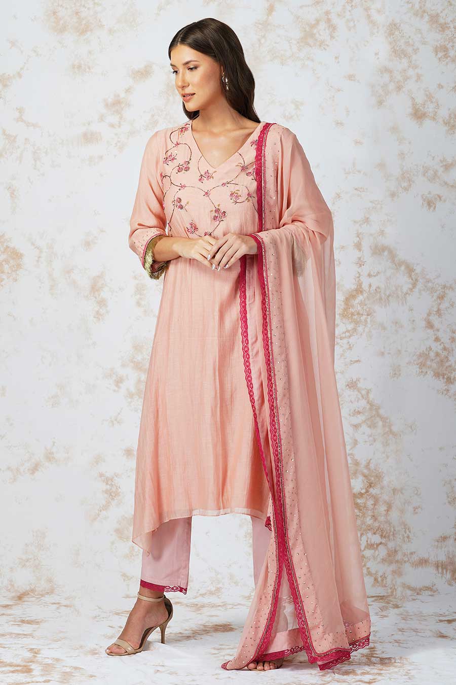 Beaded Flower Pink Asymmetric Kurta Set