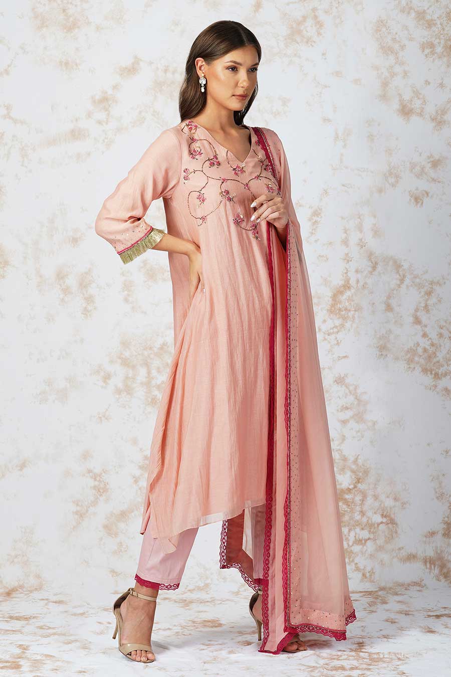 Beaded Flower Pink Asymmetric Kurta Set