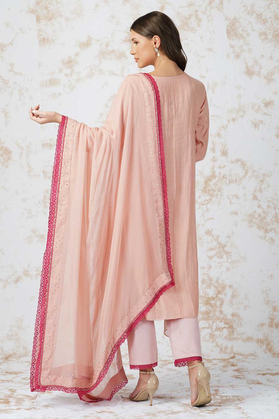 Beaded Flower Pink Asymmetric Kurta Set