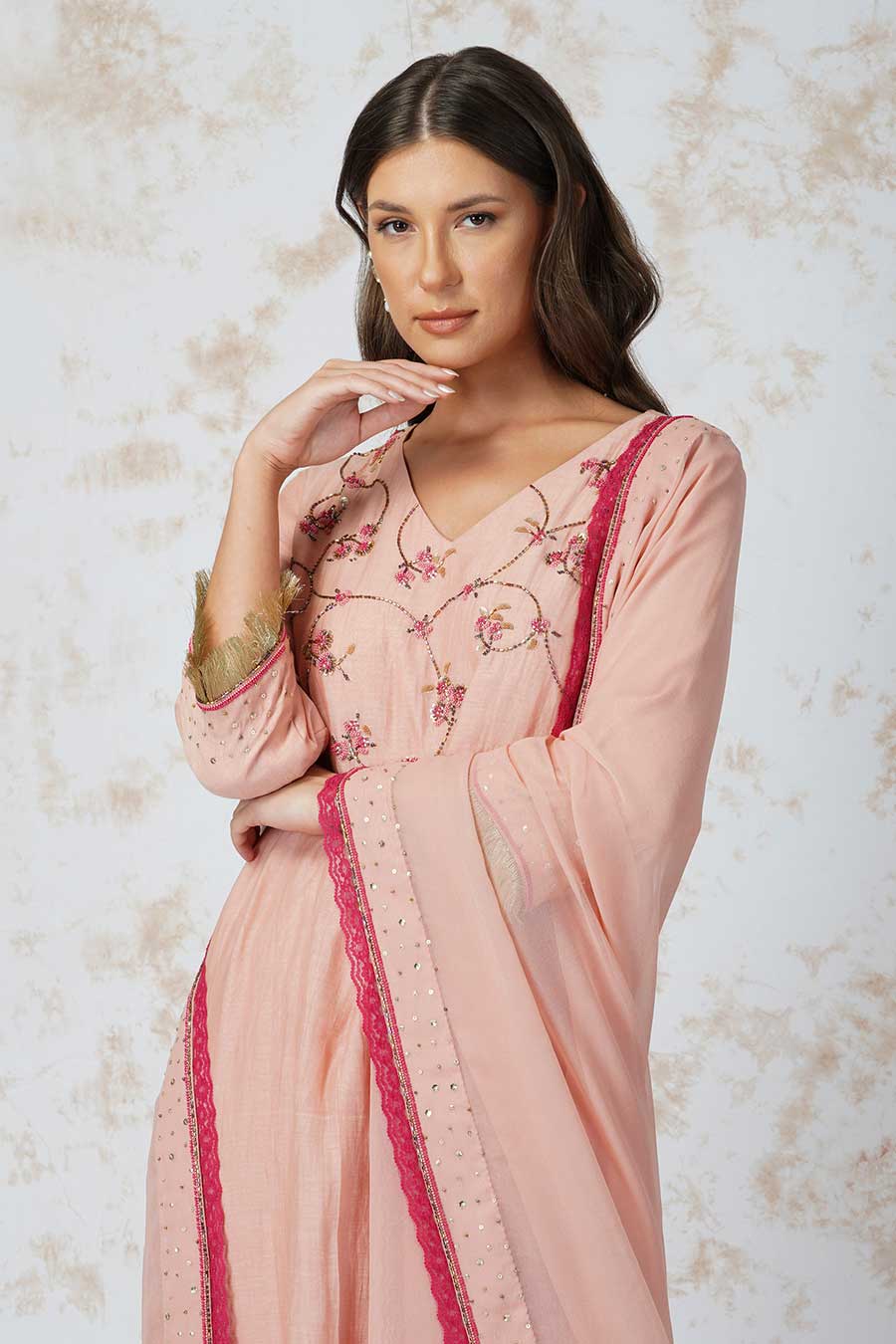 Beaded Flower Pink Asymmetric Kurta Set